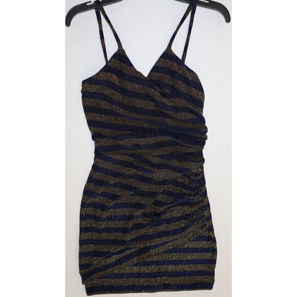 Cosmo Dress The Population Women's Sz XS Blue Gold XoXo Ruched Mini Dress - Picture 1 of 7